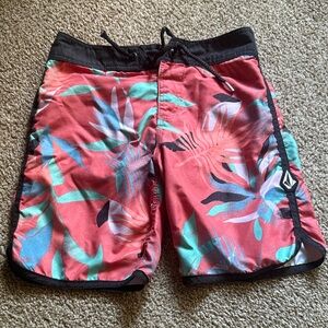 Volcom Boys Leaf Print Swim Shorts - Red and Black